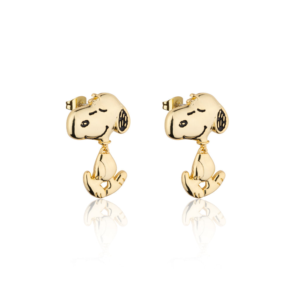 Gold Snoopy earrings on a white background