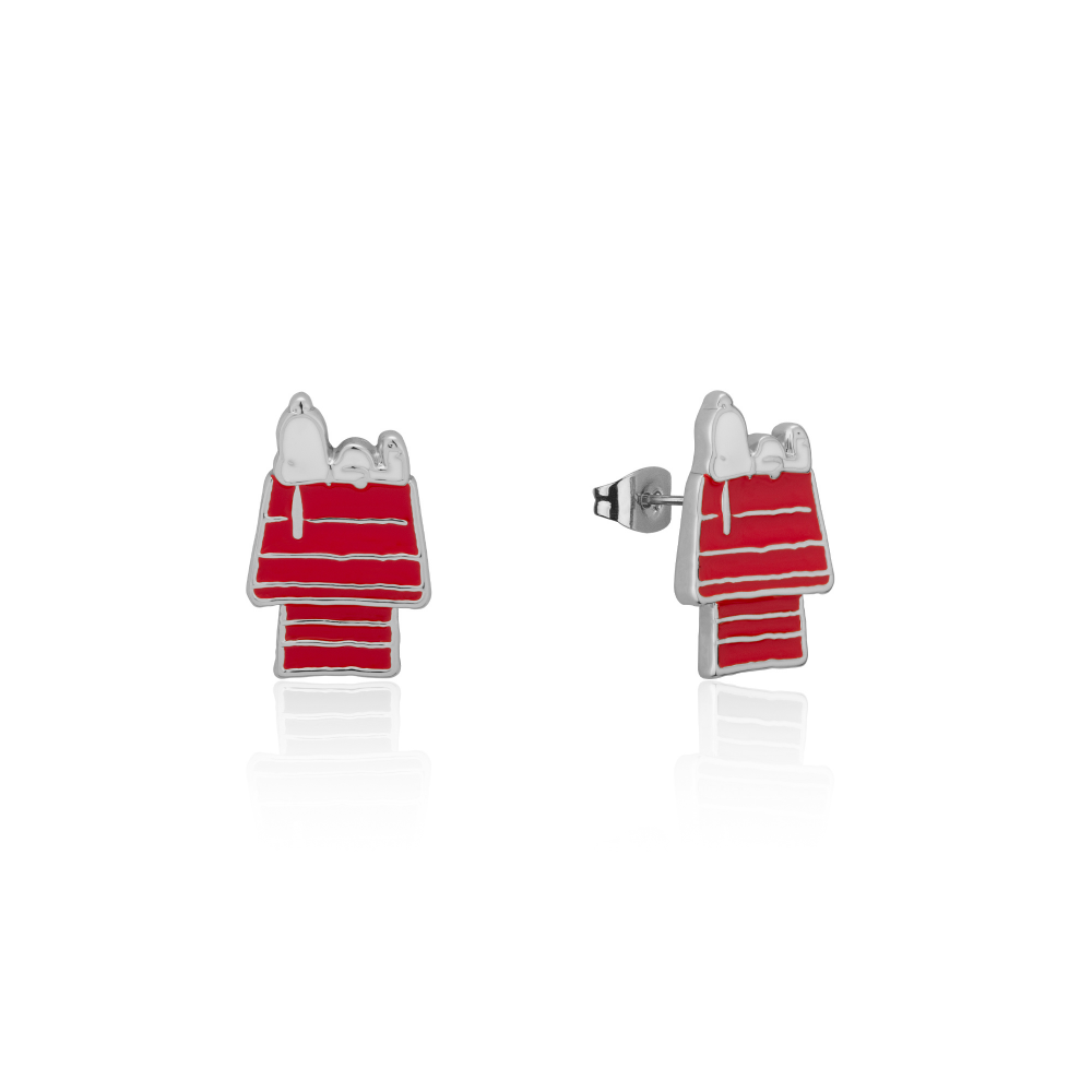 White gold and Red enamel  snoopy laying on his red dog house stud earrings on a white background