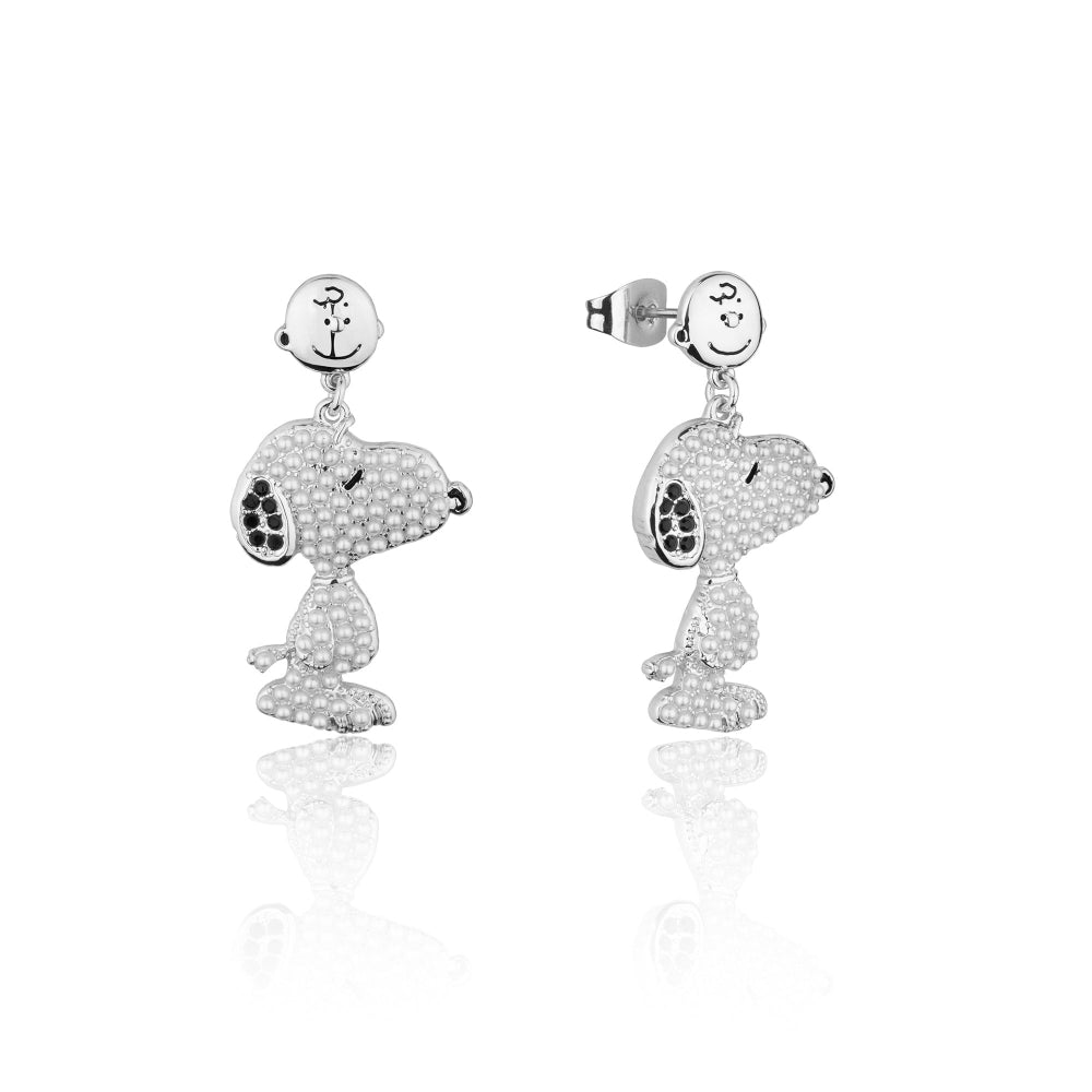 White Gold Snoopy shaped earrings with black accents and mini pearls on a white background