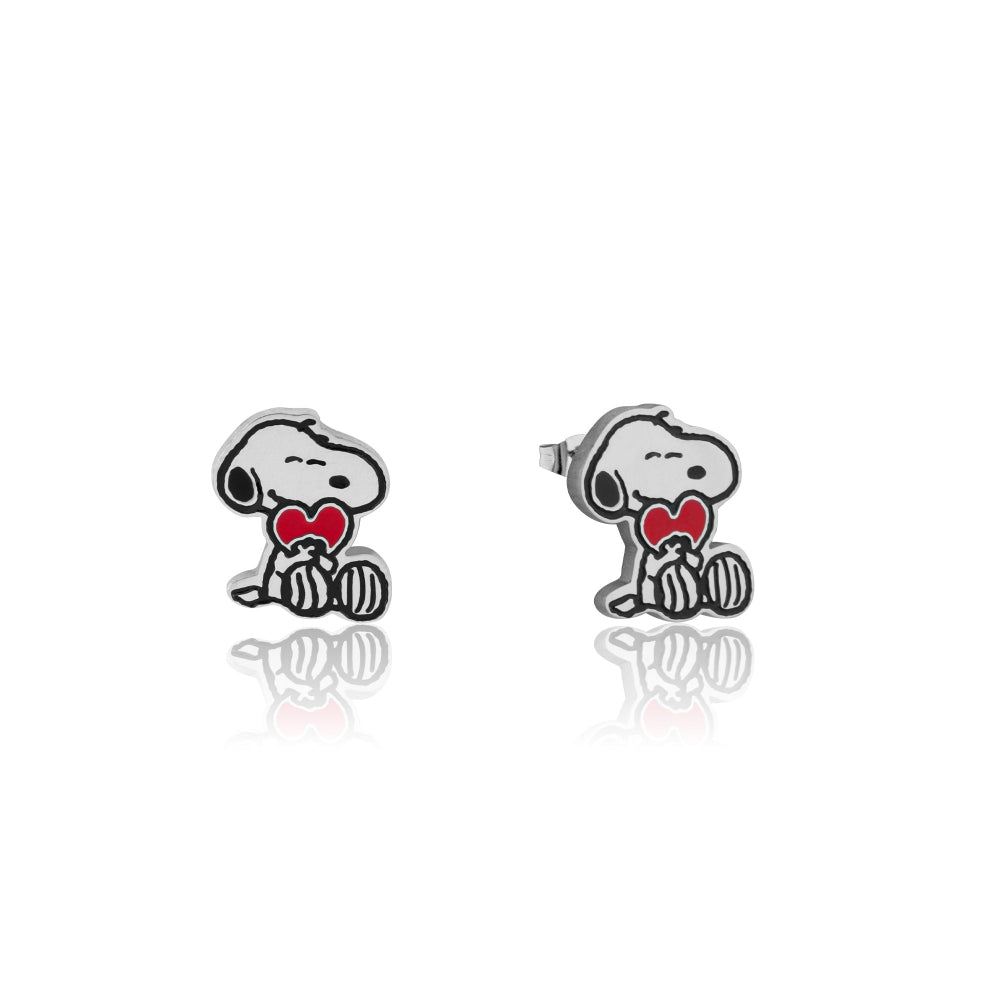 Snoopy earrings with a red heart on a white background