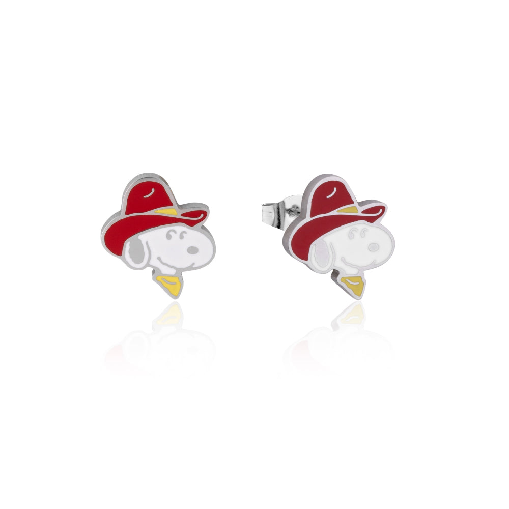Snoopy earrings with red hat on a white background