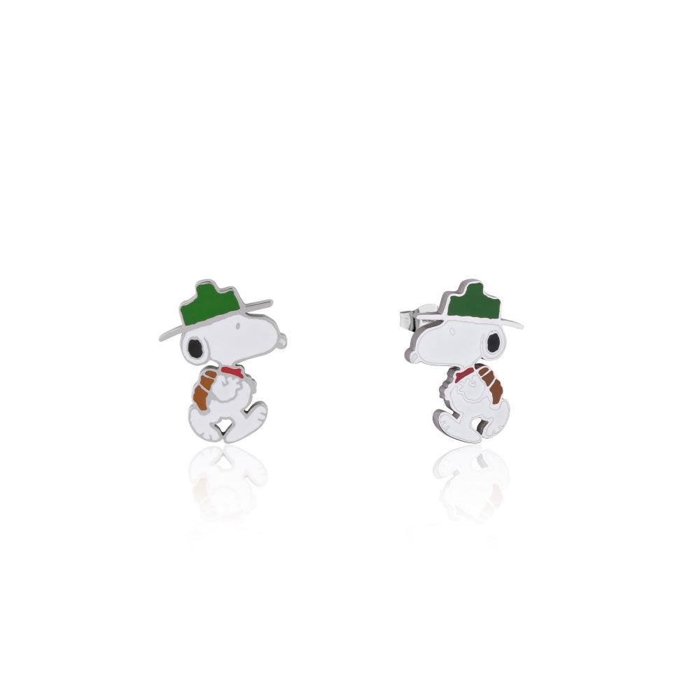 Stainless Stell Peanuts Snoopy Beagle Scout earrings on a white background