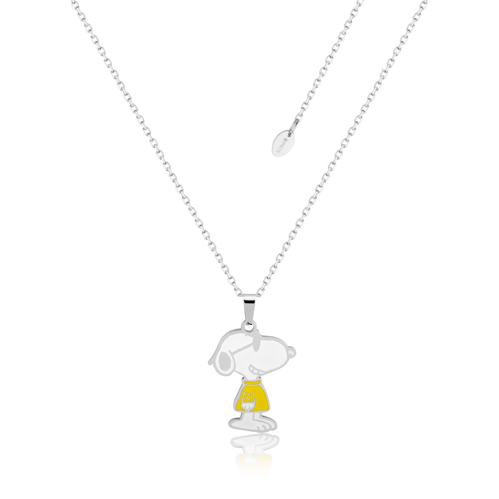 Stainless steel Necklace with a small Peanuts Snoopy Joe Cool pendant on a white background