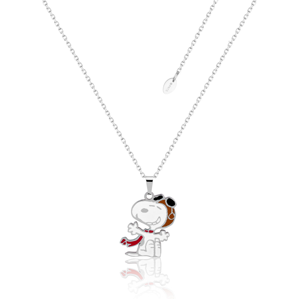 Stainless Steel Necklace with Peanuts  Snoopy Flying Ace pendant on a white background