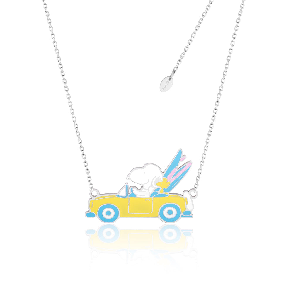 Stainless Steel Necklace with Snoopy and woodstock in a yellow car pendant on a white background