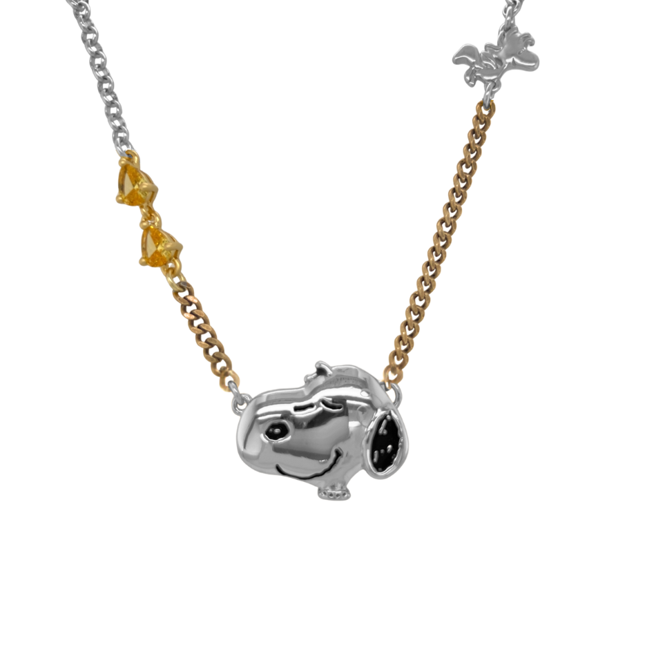 Necklace with a silver Snoopy pendant on a white background