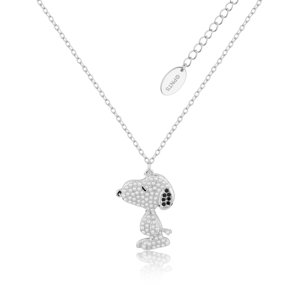 Silver Snoopy pendant necklace on a white background