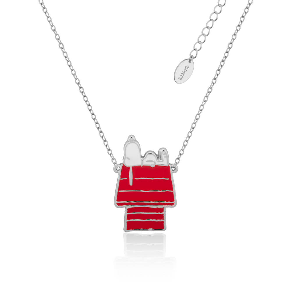 White gold Necklace with a red and gold Snoopy Dog House pendant on a white background