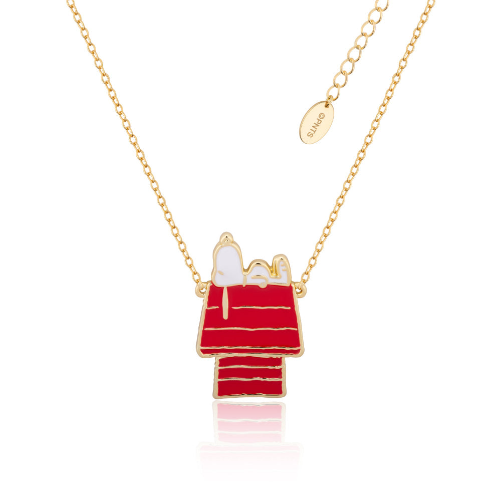 Gold Necklace with a red and gold Snoopy Dog House pendant on a white background