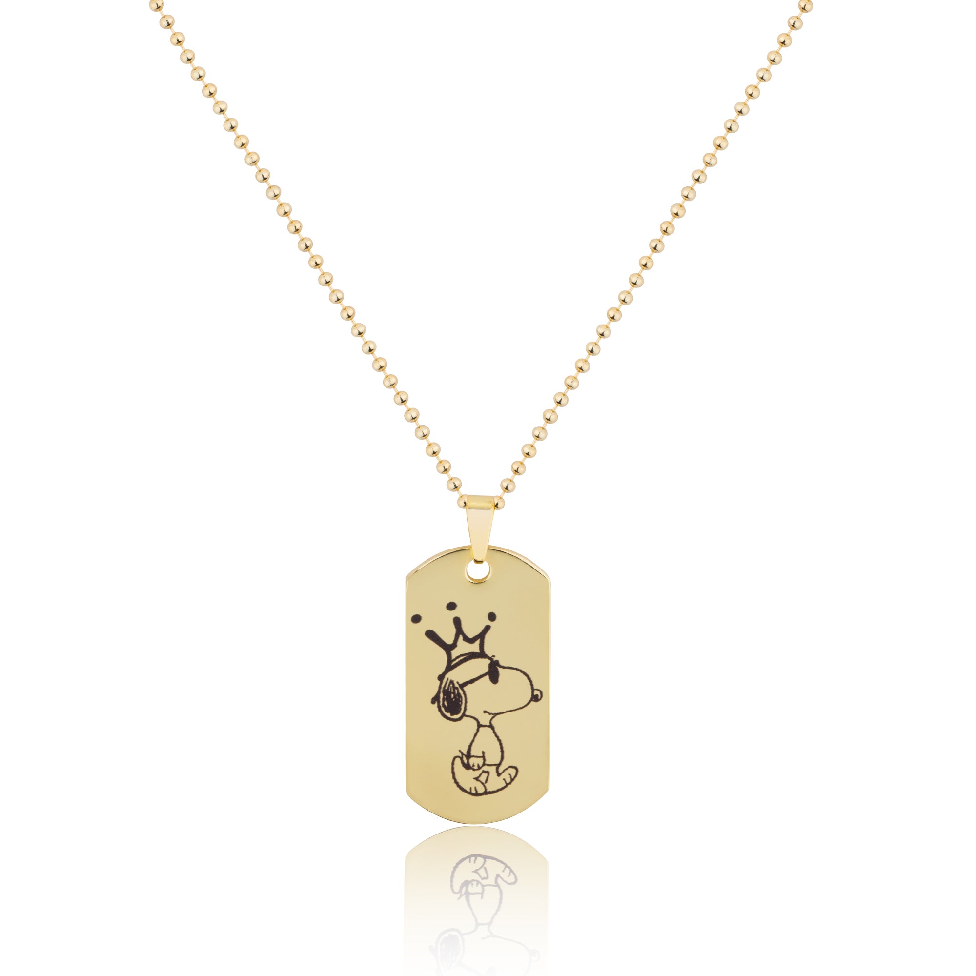Stainless Steel yellow gold necklace with a dog tag pendant featuring a cartoon character on a white background