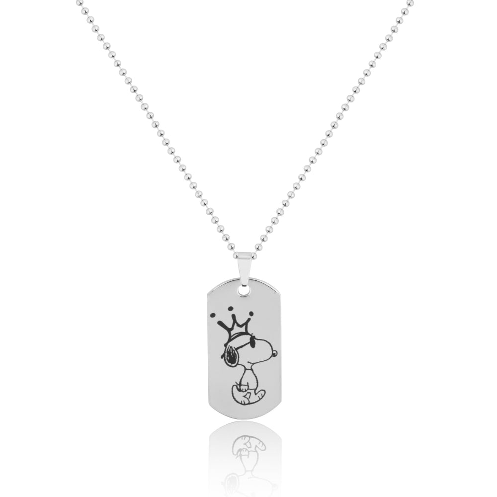 Stainless Steel necklace with a dog tag pendant with Joe Cool on a white background