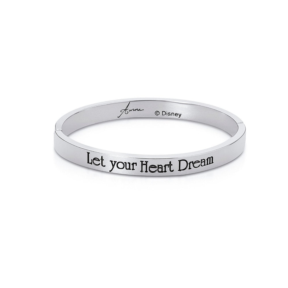 White gold Disney princess bangle with quote across front Let your Heart dream in black enamel by Couture kingdom on a white background