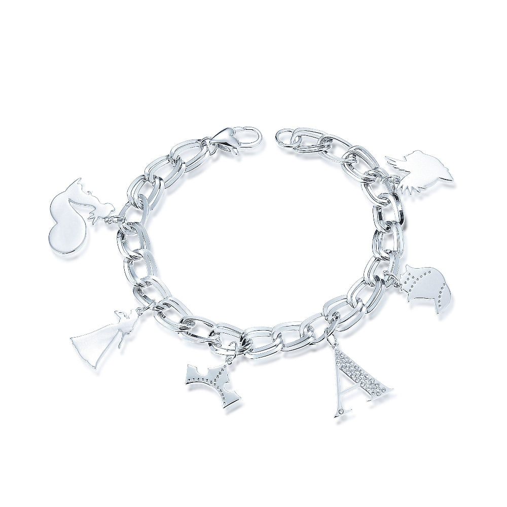 White gold plated charm bracelet with size Sleeping Beauty Princess Aurora icon Disney Charms by Couture Kingdom on a white background