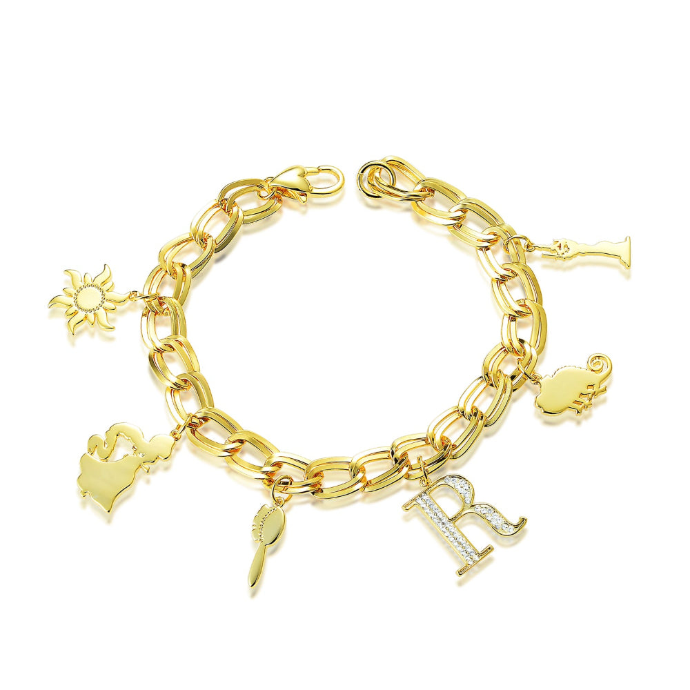 Yellow gold plated charm bracelet with six Disney Princess Rapunzel Tangled icon Charms by Couture Kingdom on a white background