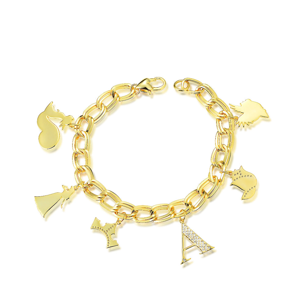Yellow gold plated charm bracelet with size Sleeping Beauty Princess Aurora icon Disney Charms by Couture Kingdom on a white background
