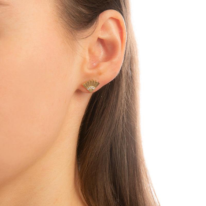 Model_Wearing_Disney_Mulan_Fan_Yellow_Gold_Stud_Earrings
