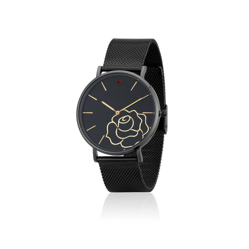Disney_Princess_Belle_Beauty_Beast_Enchanted_Rose_Watch_Black_Mesh_Stainless_Steel_Front_View_DW002