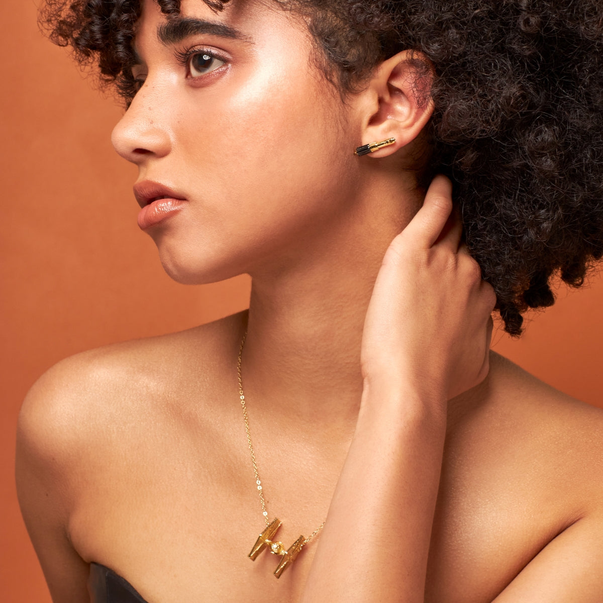 star_Wars_TIE_Fighter_Necklace_Light_Saber_Earrings_Yellow_Gold_Disney_Couture_Kingdom_On_Model